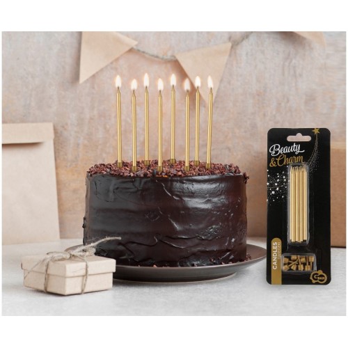 Golden birthday candles with holder 10cm - 8pcs