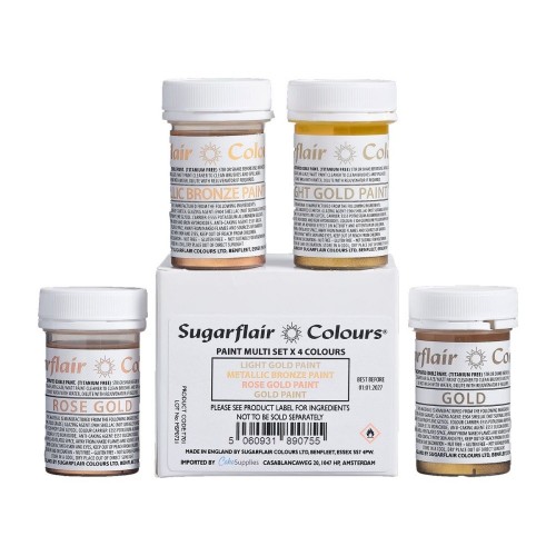 Sugarflair mixed metallic Paint  - gold - 4 x 20g