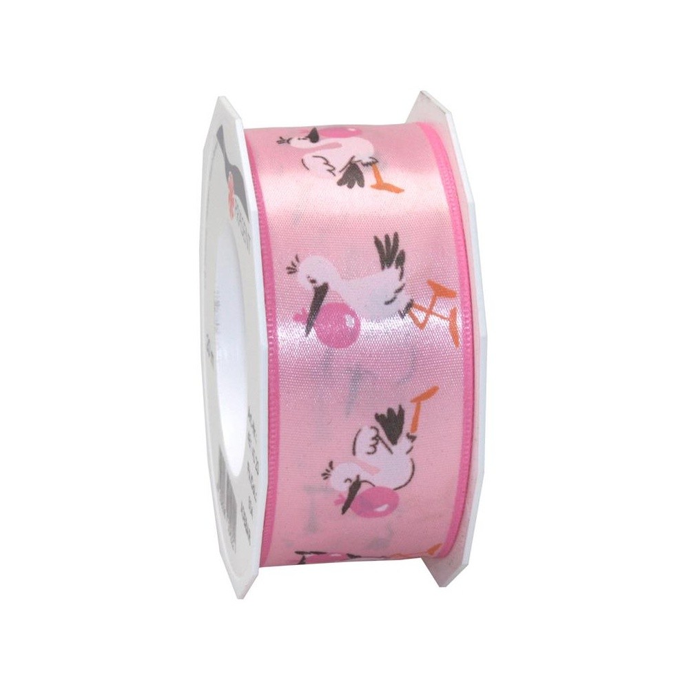 Atlas double-faced ribbon - baby pink - stork - 2m/40mm.