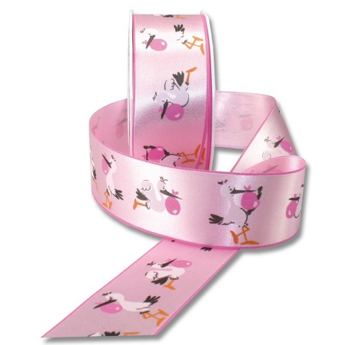 Satin ribbon - baby pink - stork - 2m/ 40mm