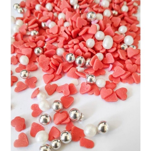 Sugar pearls / hearts - white / red - 100g