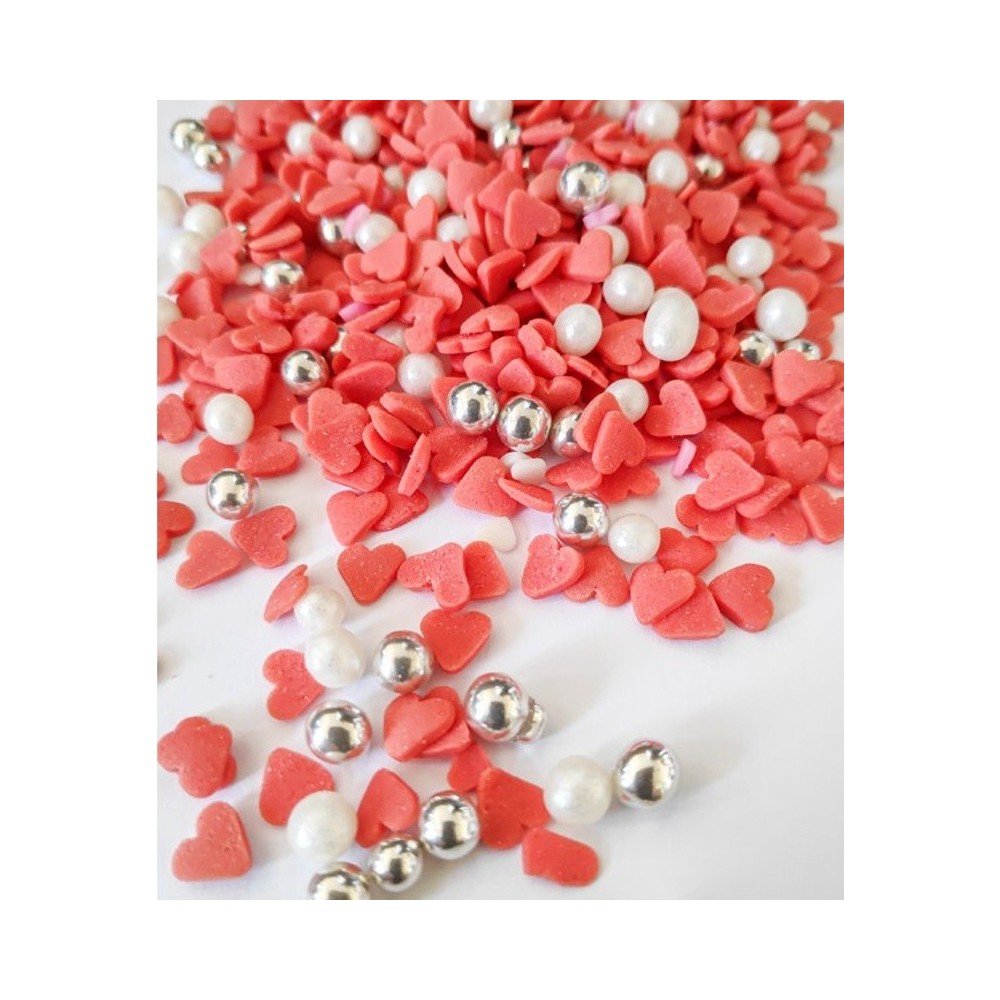 Sugar pearls / hearts - white / red - 100g